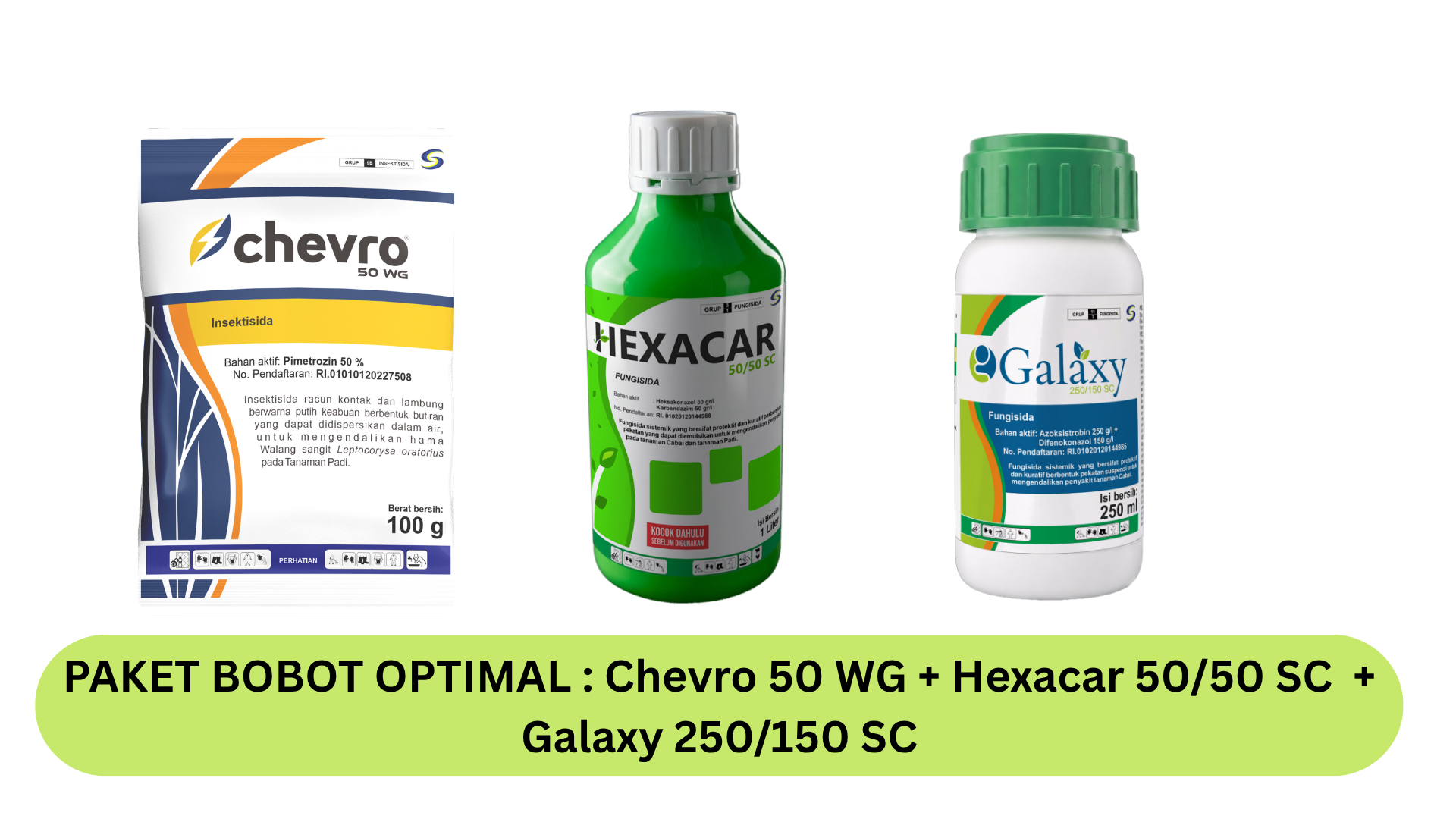 SGI Solusi Petani memiliki Paket Bobot Optimal yang terdiri dari Chevro 50 WG + Hexacar 50/50 SC + Galaxy 250/150 SC