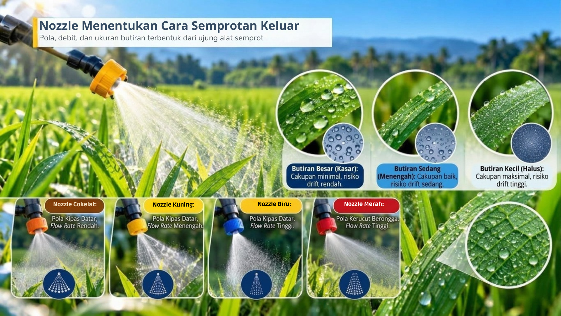 Nozzle membentuk pola, debit, dan ukuran butiran yang keluar dari alat semprot.