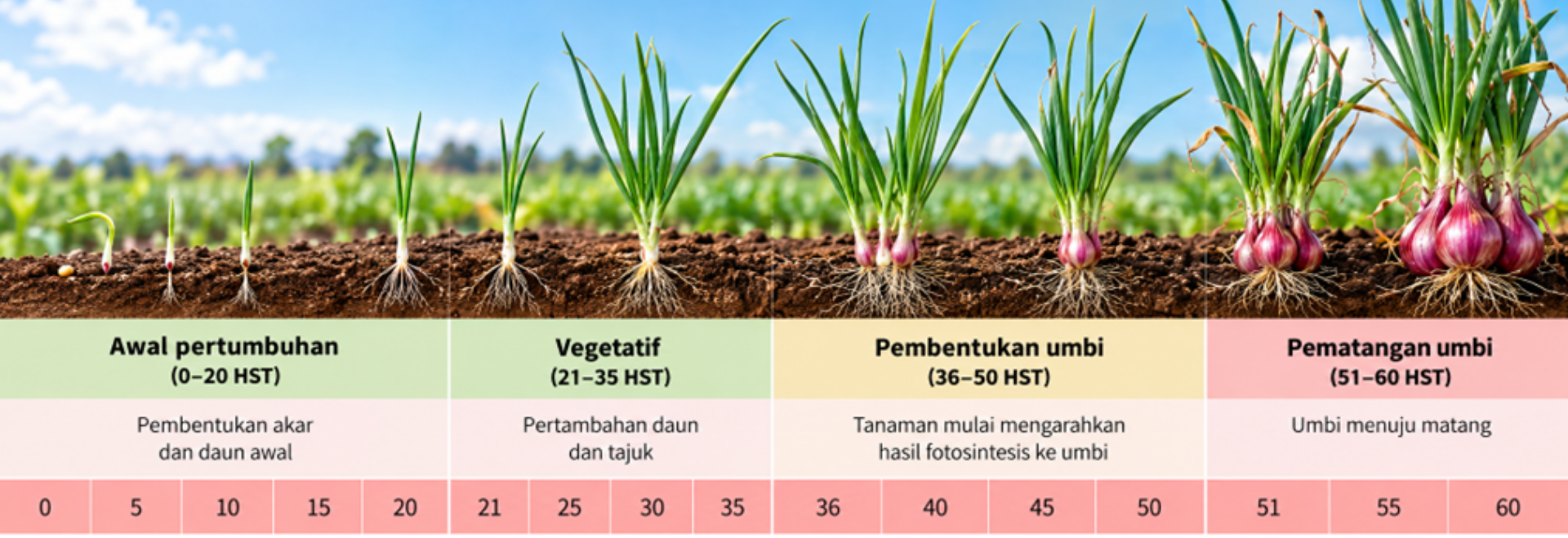 Gambar. Ilustrasi fase pertumbuhan bawang merah yang digunakan sebagai panduan pemantauan di lapangan. Coastal 