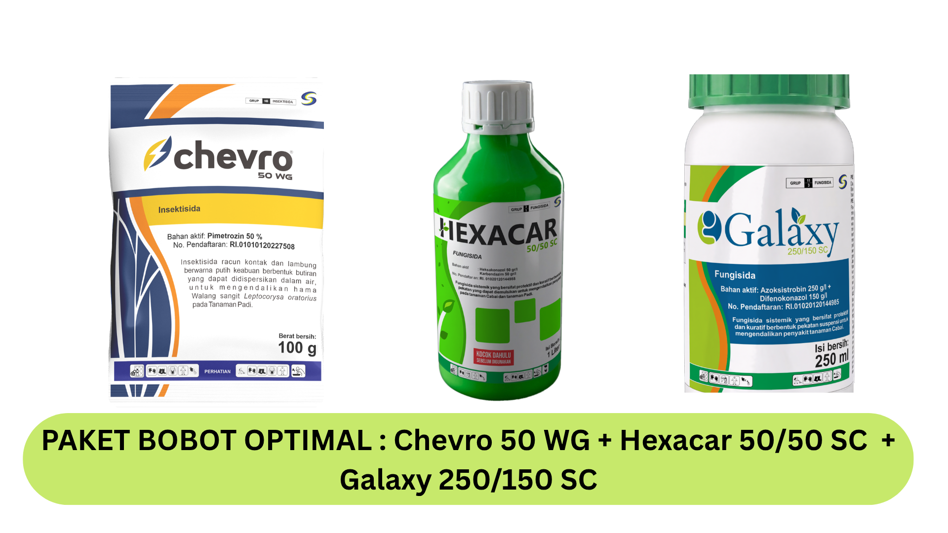 SGI Solusi Petani memiliki Paket Bobot Optimal yang terdiri dari Chevro 50 WG + Hexacar 50/50 SC + Galaxy 250/150 SC