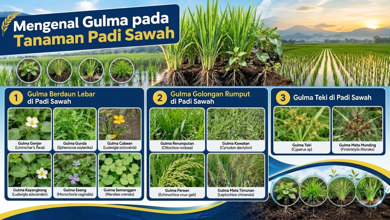 Gulma berdaun lebar, gulma golongan rumput, dan gulma teki pada petakan padi sawah.