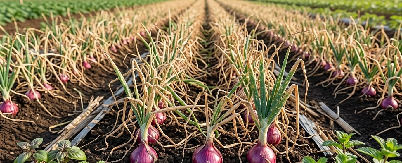 Gejala janda pirang dan serangan thrips pada daun tanaman bawang merah