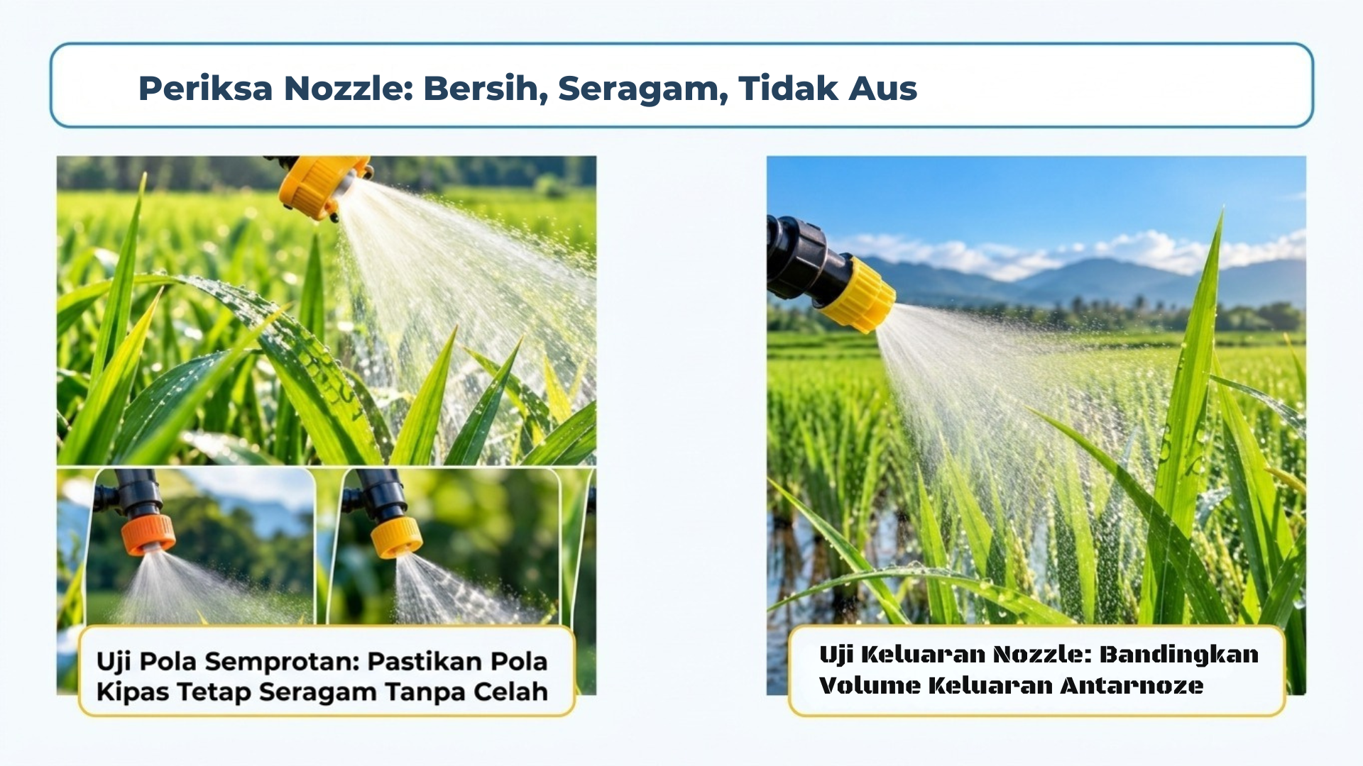 Nozzle yang tersumbat atau aus dapat mengubah pola dan debit semprotan.