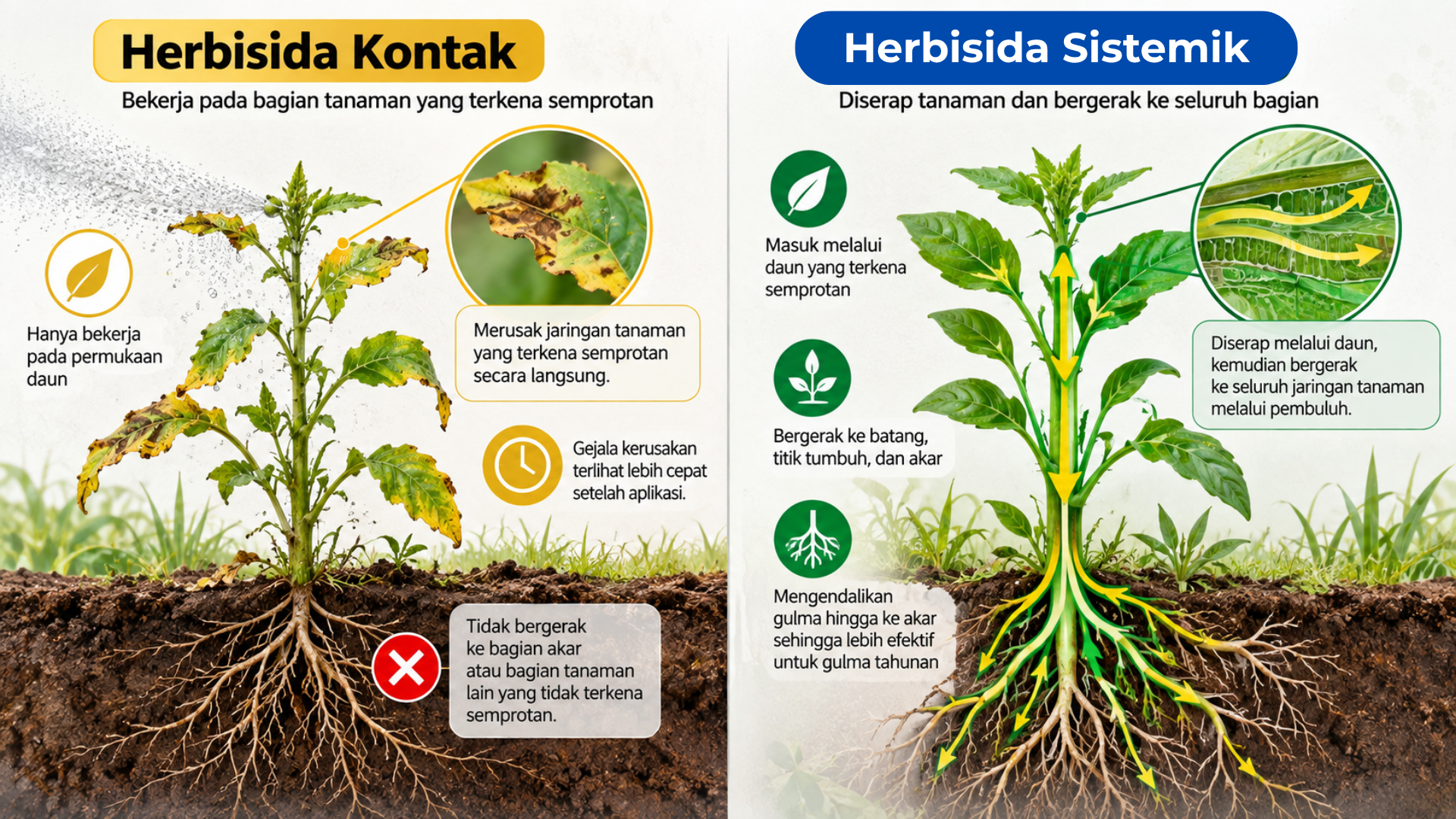 Gambar 3. Perbedaan cara kerja herbisida kontak dan herbisida sistemik pada jaringan tanaman.