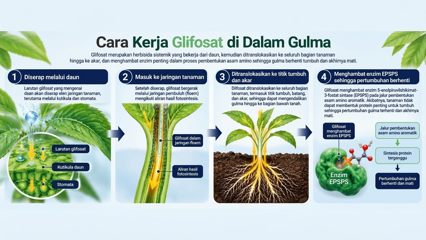 Gambar 4. Tahapan kerja glifosat: penyerapan melalui daun, translokasi, hingga penghambatan enzim EPSPS.