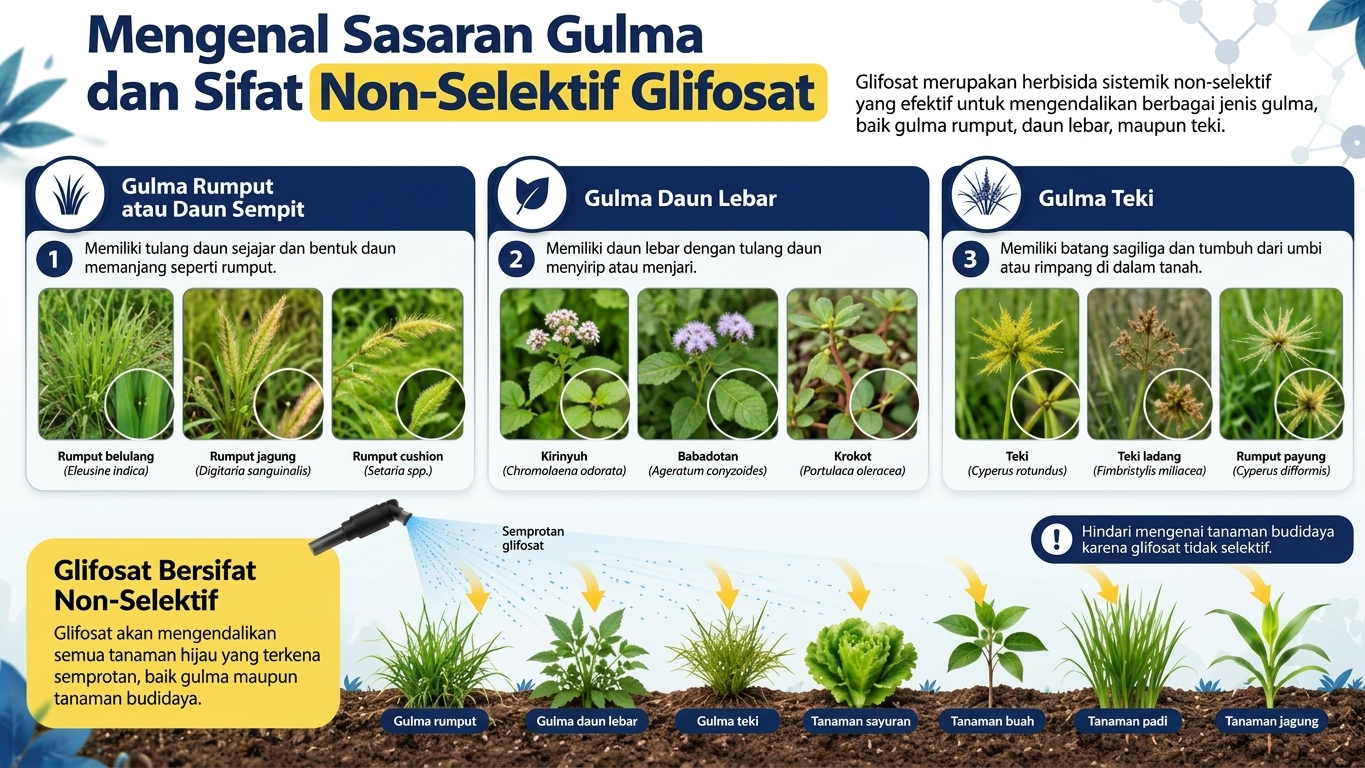 Gambar 7. Kelompok gulma sasaran dan gambaran sifat non-selektif glifosat.
