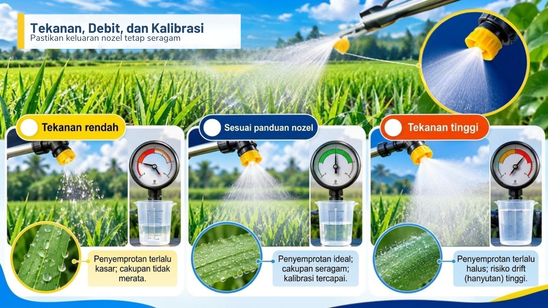 Tekanan memengaruhi debit dan ukuran butiran; kalibrasi memastikan hasil tetap sesuai target.
