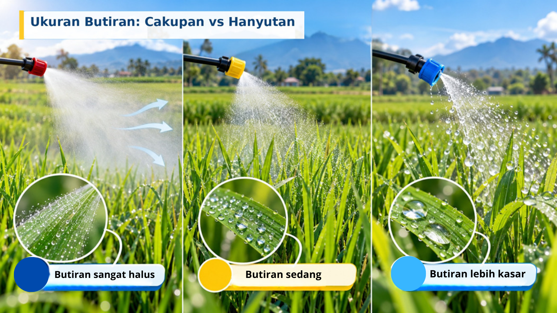 Ukuran butiran berpengaruh pada cakupan daun dan risiko hanyutan ke luar sasaran.