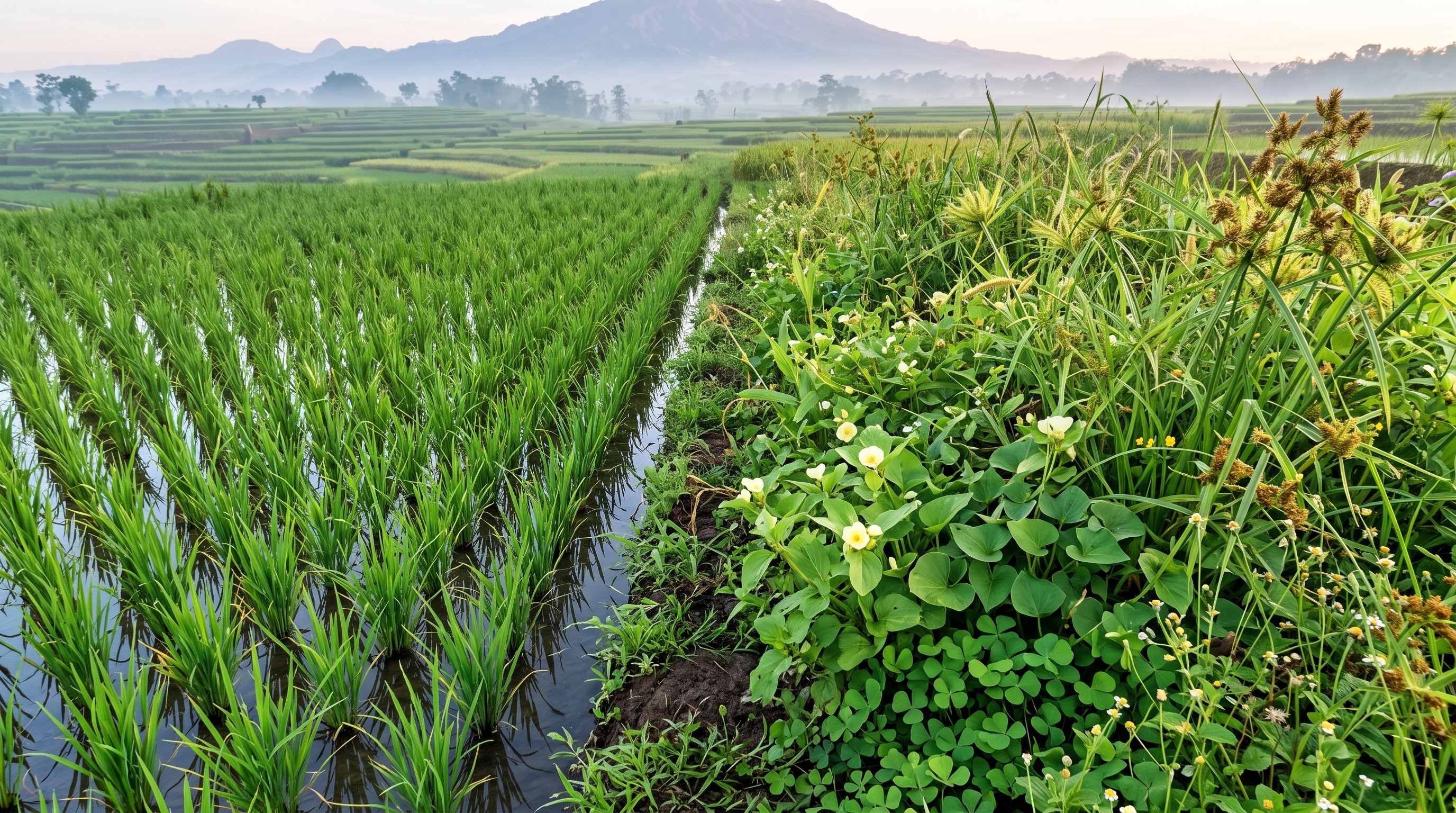Gulma berdaun lebar, gulma golongan rumput, dan gulma teki pada petakan padi sawah.